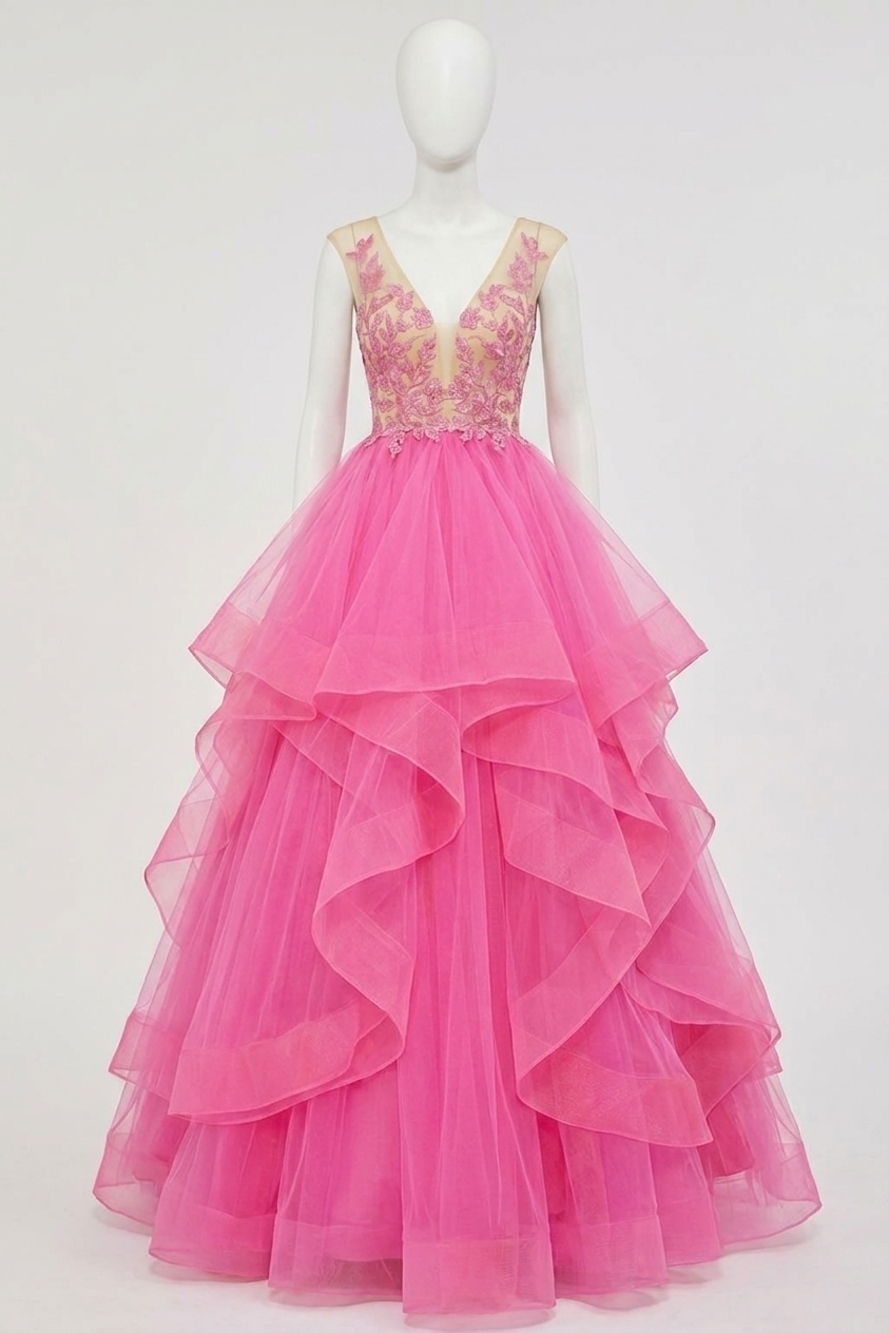NEW ANGELA & ALISON plunging v-neck prom dress in fuchsia